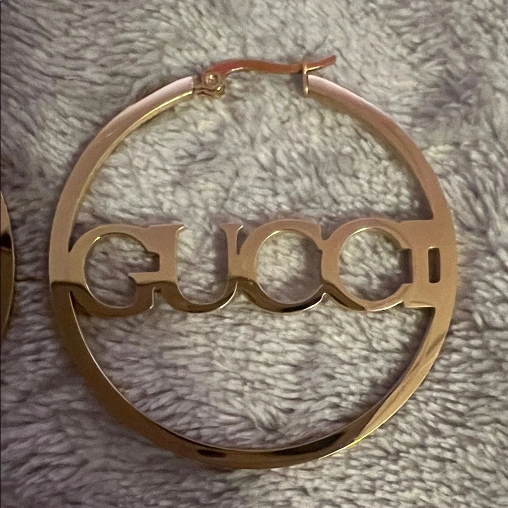 Fashion Jewelry Gold Logo Hoop Earrings - Picture 2 of 4